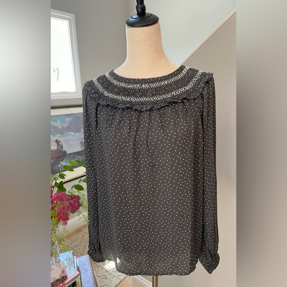 LOFT Blouse Sz 2 Bohemian Smocked Yoke Ruffle Neck Long Sleeve Dotted Swiss